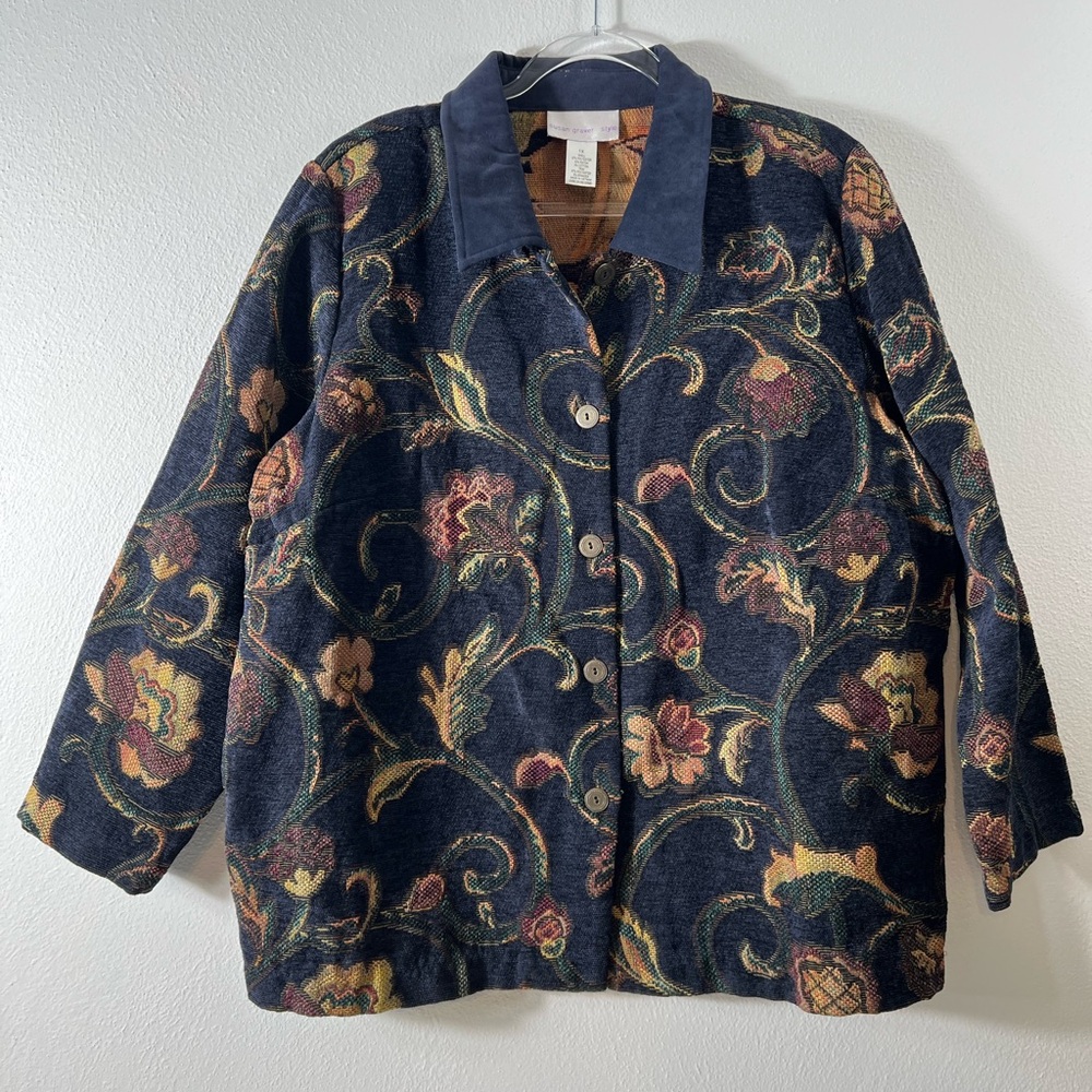 Susan Graver Floral Tapestry Button‎ Up Suede Collar Navy Blue Blazer Jacket 1X